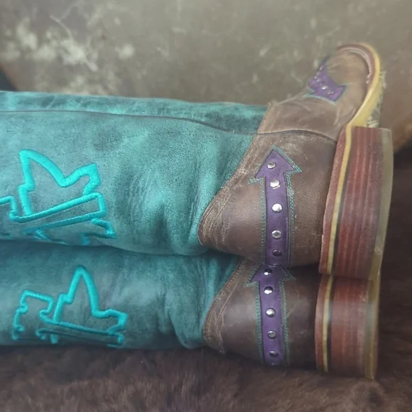 TIN HAUL ladies "WILD ROSE" cowboy boots brown/teal/purple leather Arrows sz 8 - Picture 13 of 16